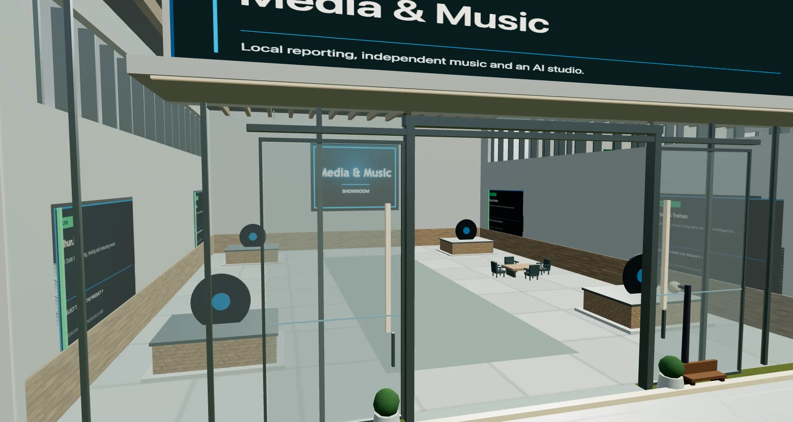 Glass-fronted Media & Music showroom with product exhibits and consultation seating