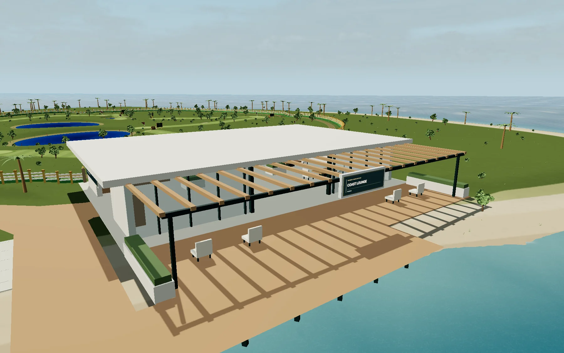 The Greens coastal clubhouse with an open bridge-facing entrance, glass lounges and a shaded ocean veranda