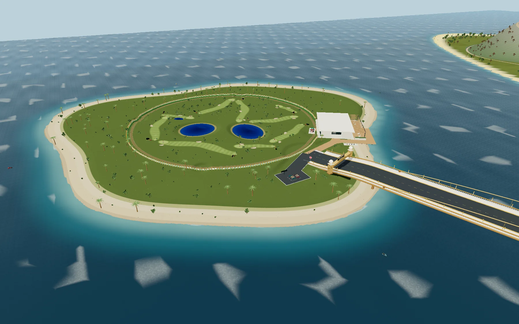 The coastal golf island with continuous sandy beaches, fairways, ponds and its connecting bridge
