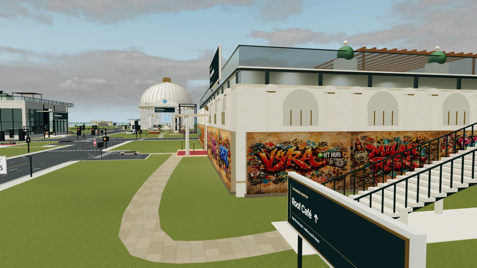 Open café stairs on slender supports stand away from the Museum murals