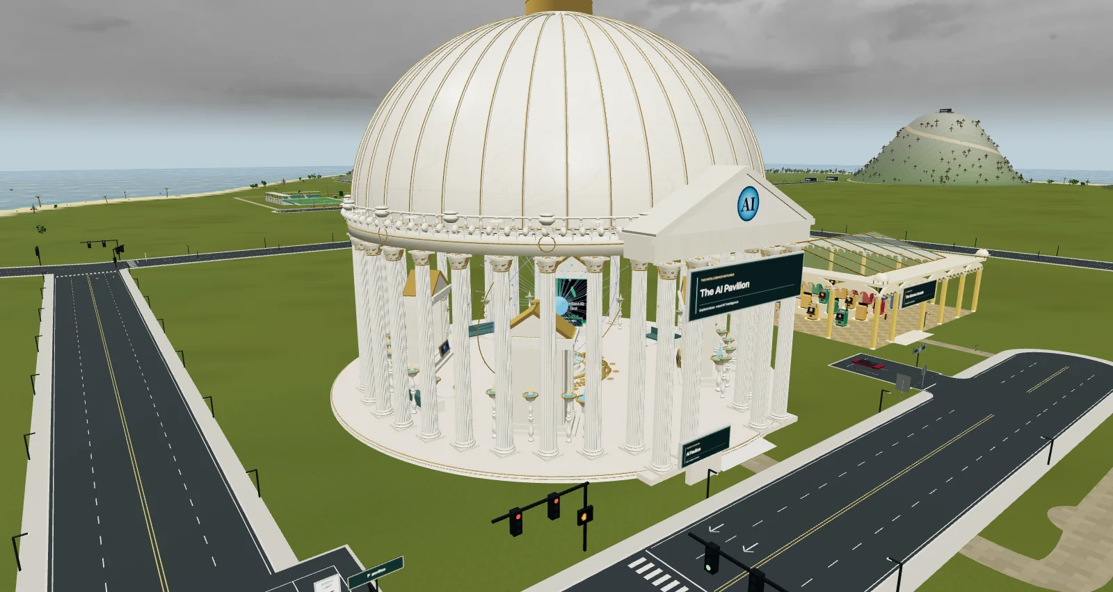 Royal AI Pavilion dome and open rotunda beside its connected entrance
