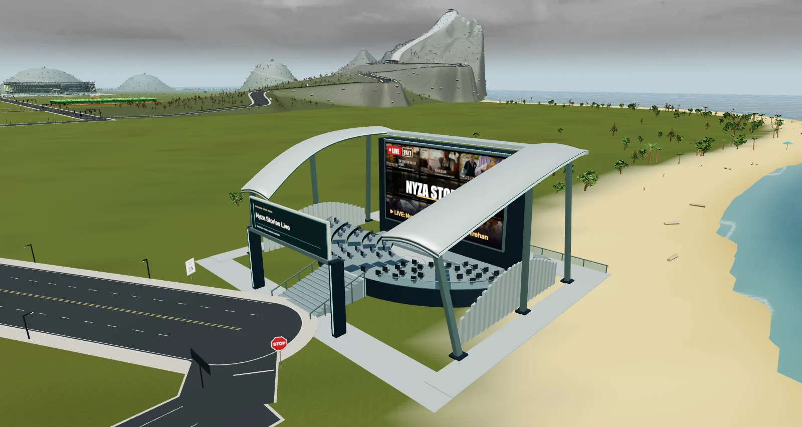 Futuristic Nyza Stories cinema with curved roof wings on the eastern waterfront