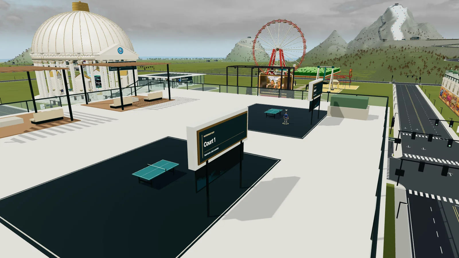 Two independent table-tennis courts on the public waterfront roof