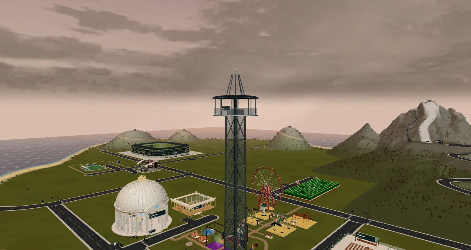 HT Tower observation deck and panoramic lift structure above the expanded island at dusk
