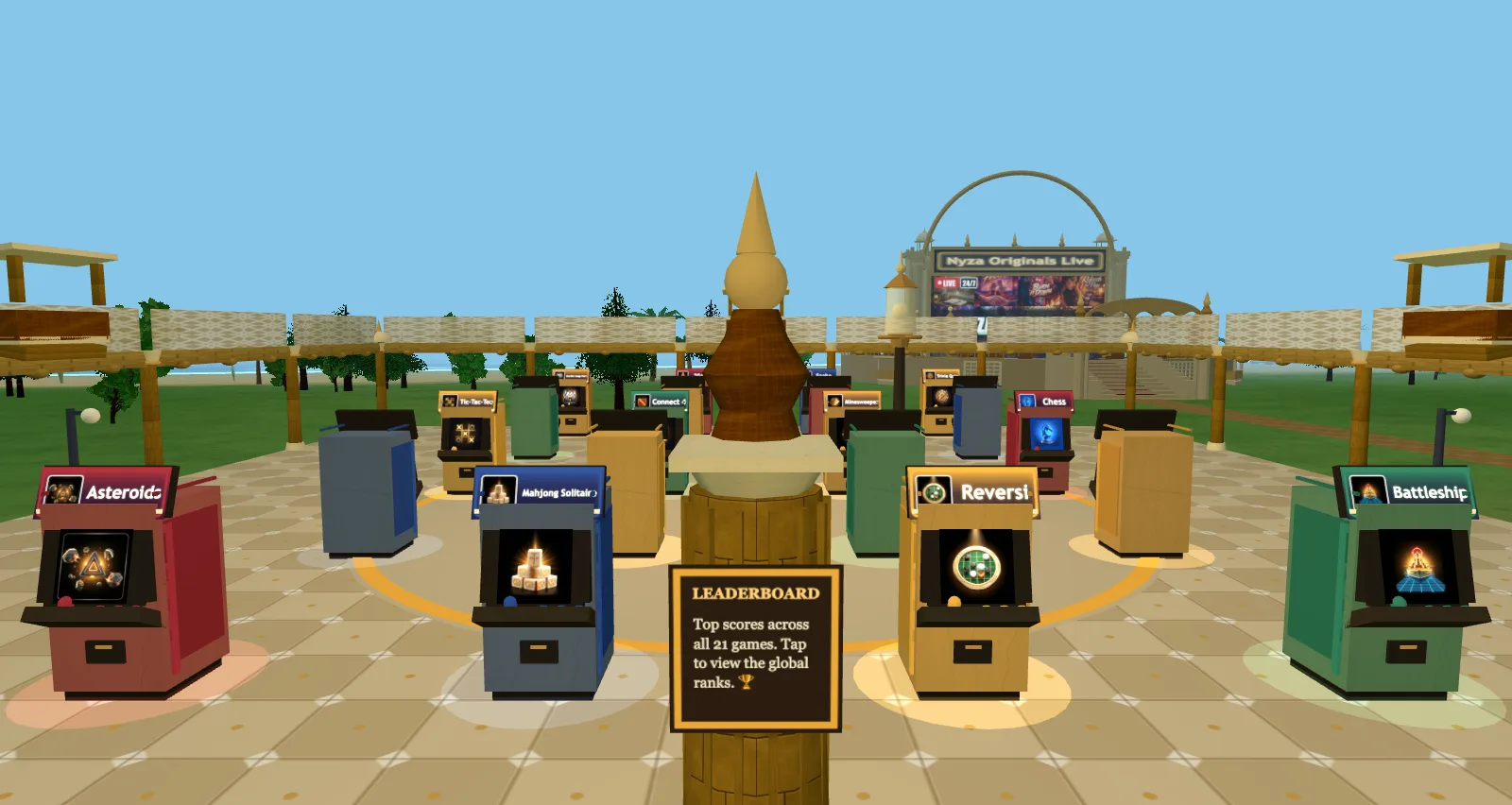 The games arcade — a ring of colourful playable cabinets around the leaderboard, with the Nyza Originals Live arch beyond