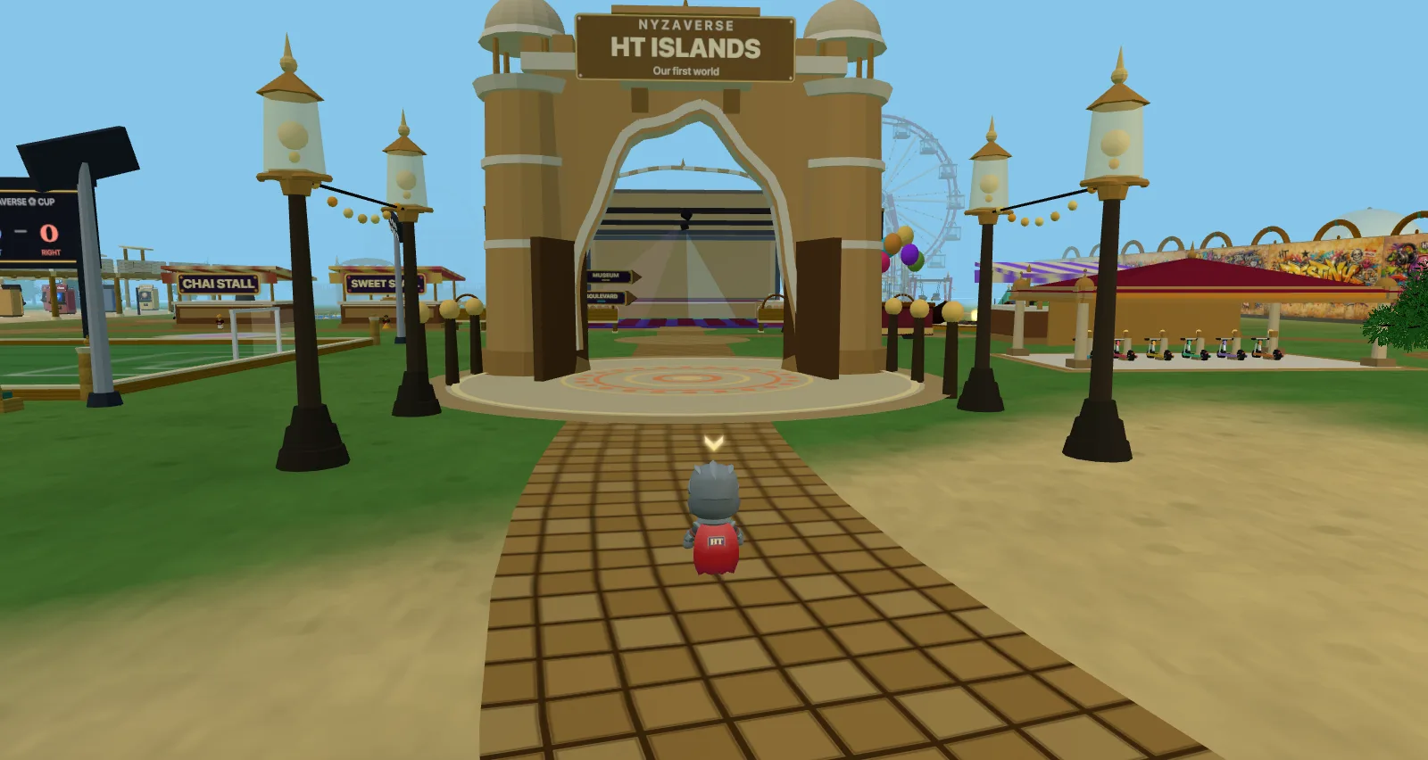 An avatar walking the lamp-lined promenade toward the royal HT Islands gate, with the ferris wheel beyond the arch