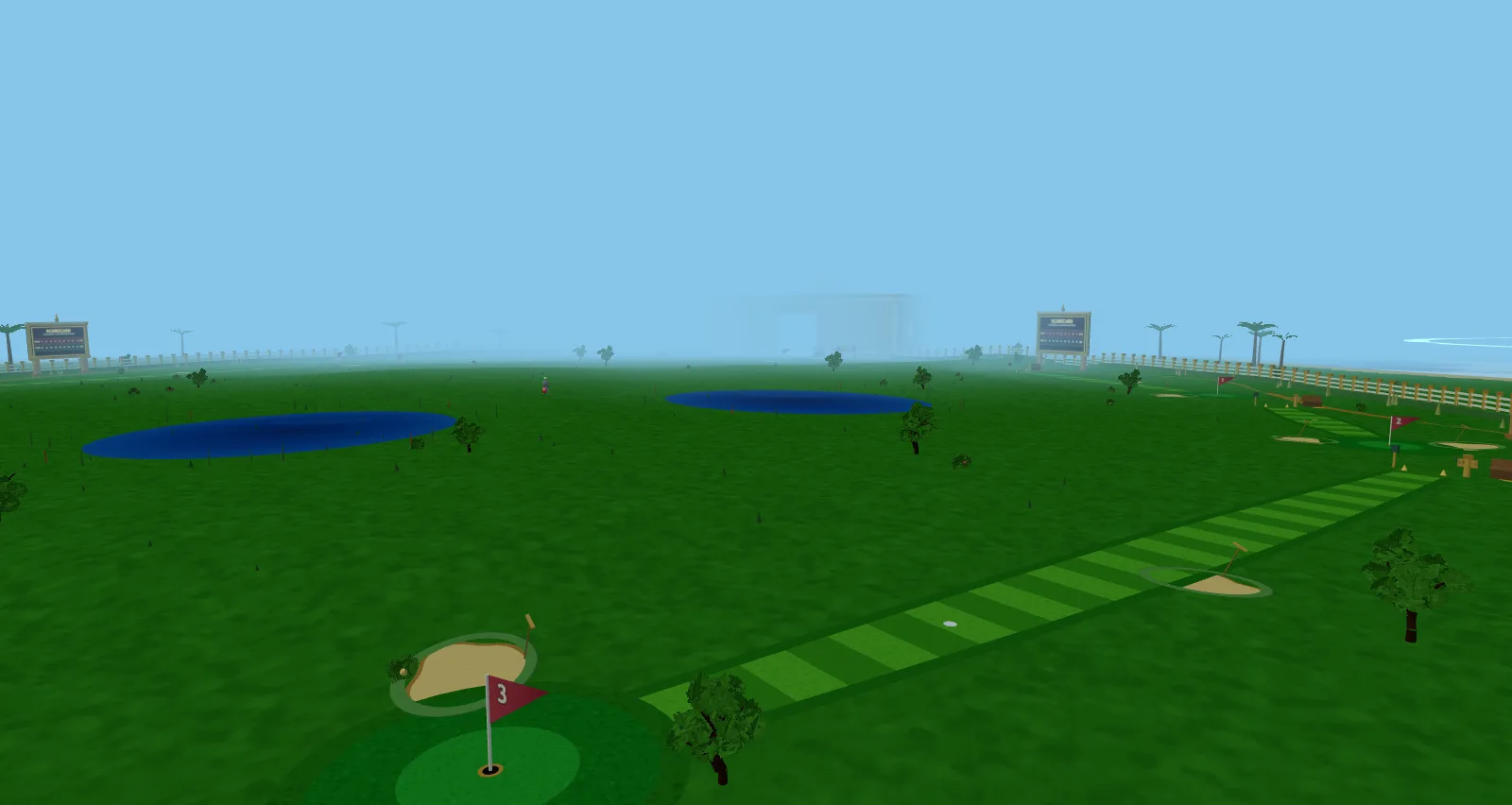 The Greens — the 9-hole golf island with a striped fairway, a flagged green, bunkers and ponds