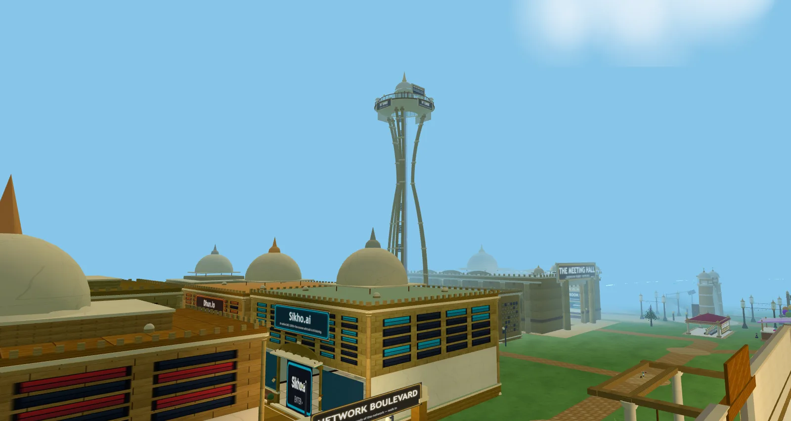 The HT Tower saucer rising over the brand boulevard domes and the Meeting Hall
